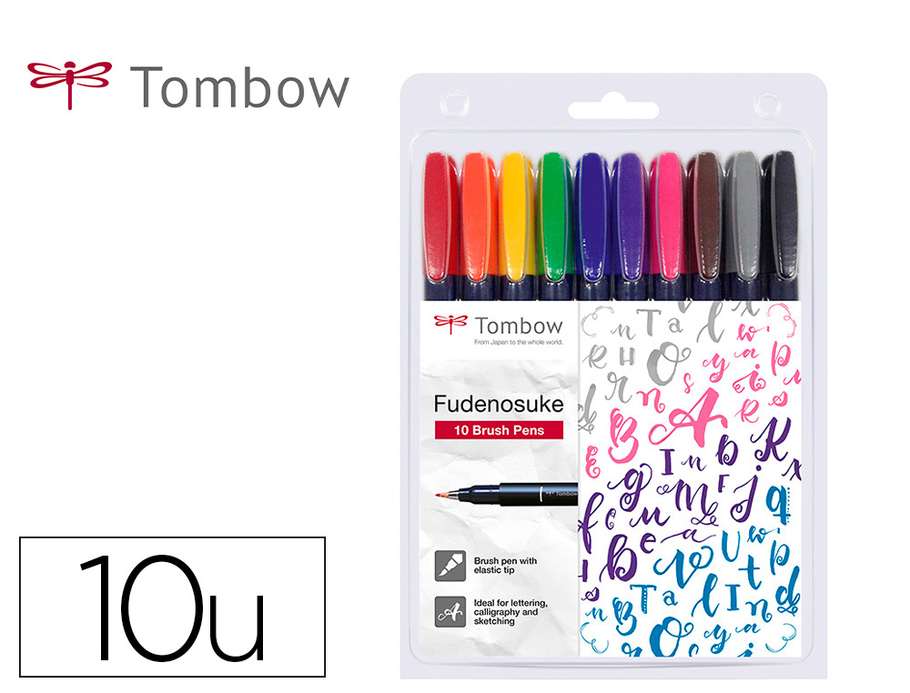 [157205] Rotulador tombow fudenosuke tinta base de agua punta pincel dura estuche de 10 unidades colores surtidos