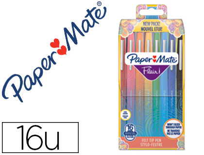 [155880] Rotulador paper mate flair original punta fibra tropical estuche rigido de 16 unidades colores surtidos