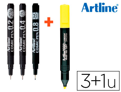 [63940] Rotulador artline comic pen calibrado micrometrico negro bolsa de 3 uds 0,2 0,4 0,8 + fluorescente 660