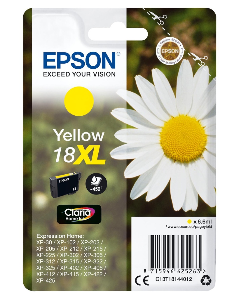 [15321] [C13T18144012] Epson Expression Home XP-102/205/215/305/405 Cartucho Amarillo Alta Capacidad 18XL