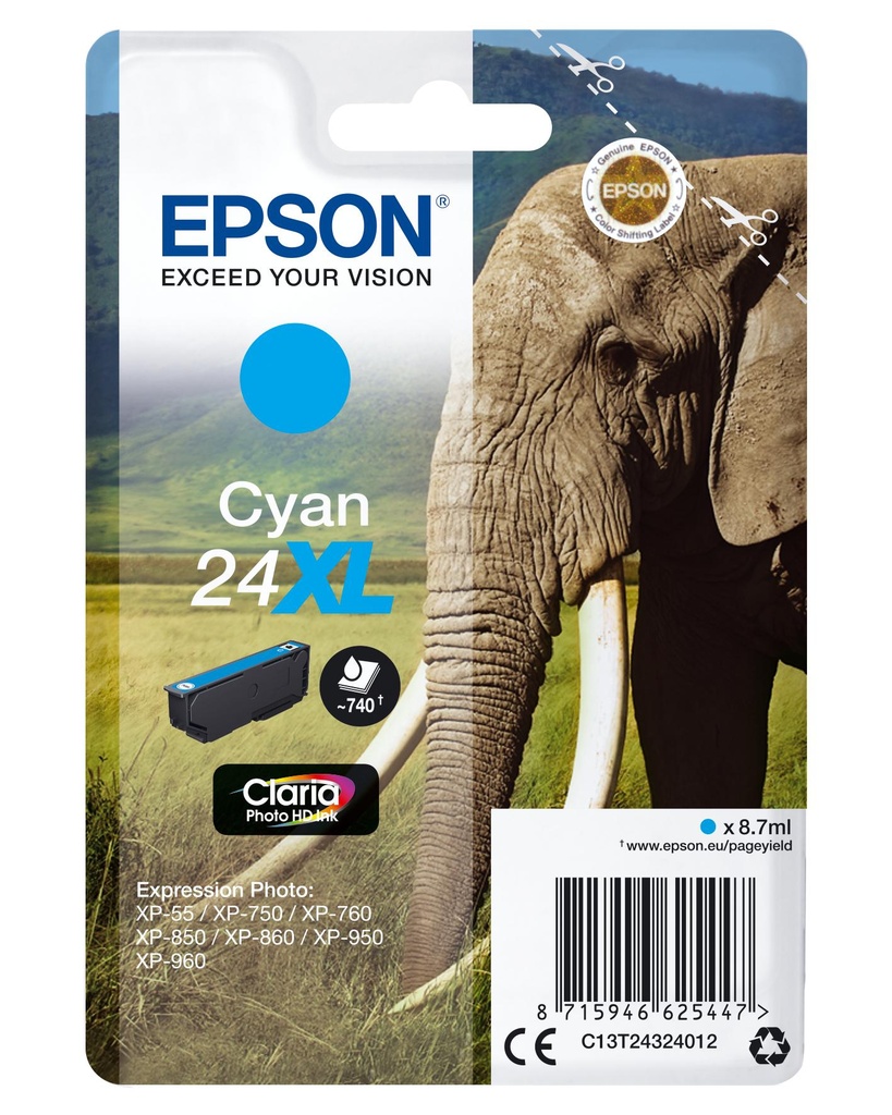 [15606] [C13T24324012] Epson Claria Photo HD Ink Cartucho Cian 24XL Expression Photo XP-760/950