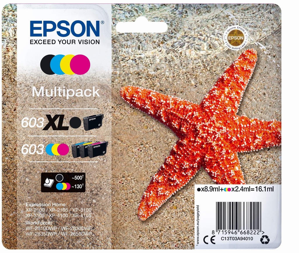 [37539] [C13T03A94020] EPSON tinta MultiPack Std/XL Estrella de mar 4 tintas 603 XL negro/Std. CMY RF / AM Multi