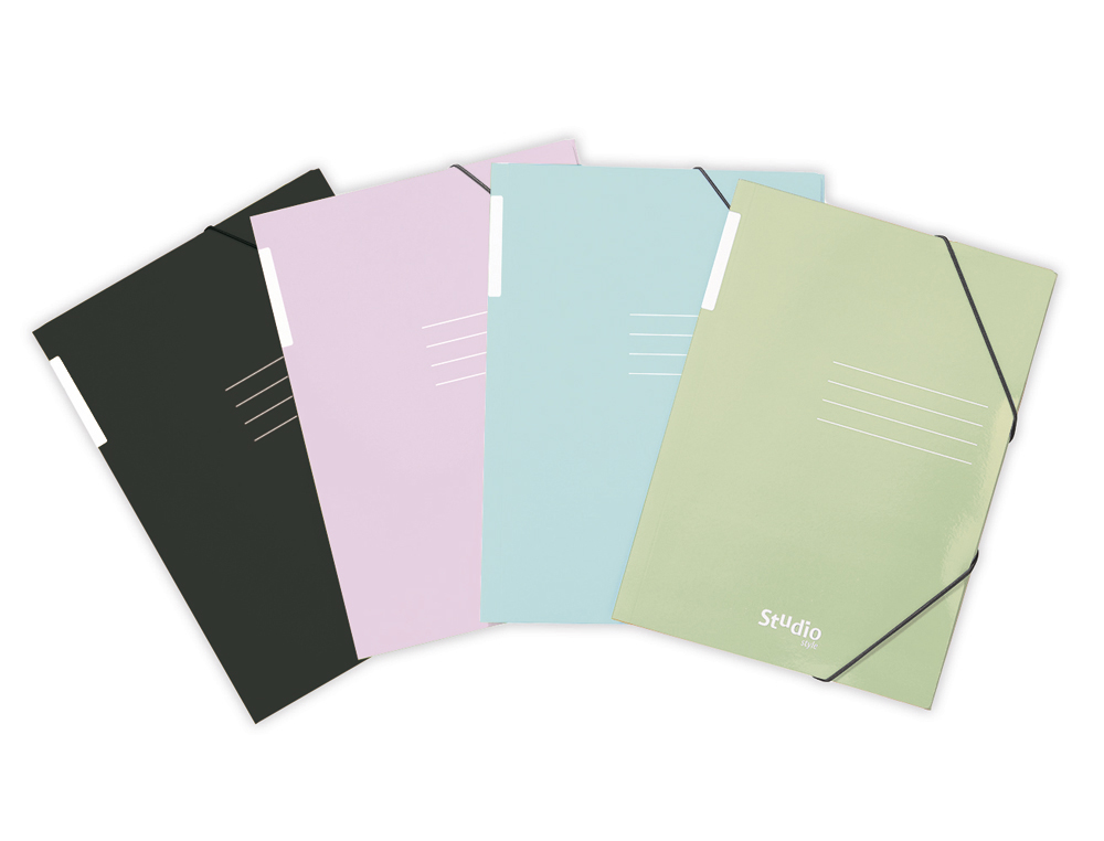 [173628] Carpeta con gomas pardo tres solapas din a4 carton pastel expositor de 24 unidades colores surtidos
