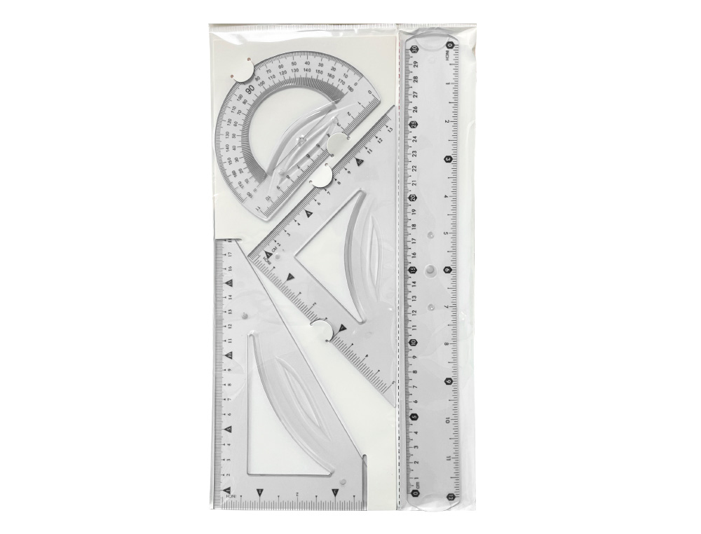 [169696] Juego escuadra 21 cm cartabon 21 cm regla 30 cm y semicirculo plastico flexible en petaca liderpapel