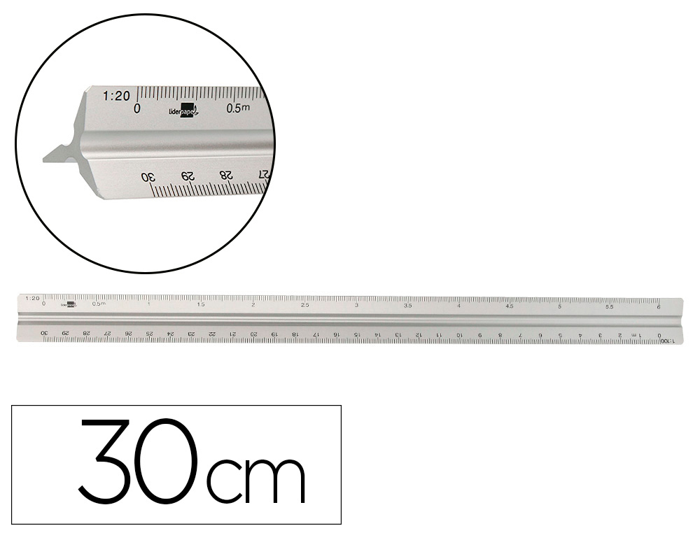 [163437] Escala liderpapel aluminio forma triangular con funda protectora longitud 30 cm 1:20 1:25/1:50/1:75/1:100/1:150