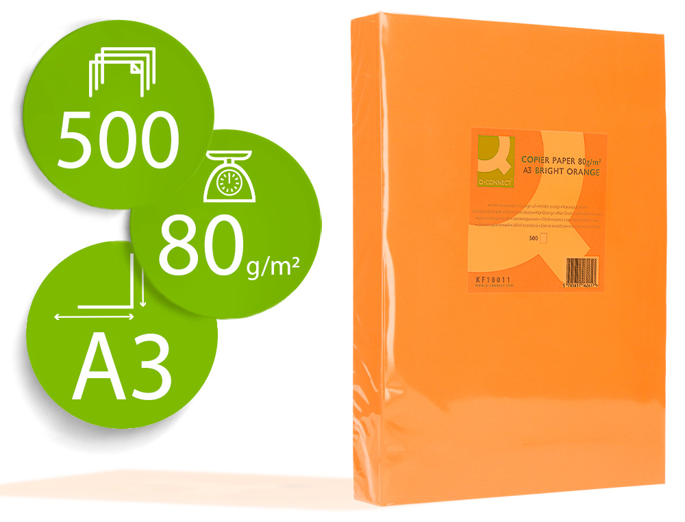 [72198] Papel color q-connect din a3 80 gr naranja intenso paquete de 500 hojas