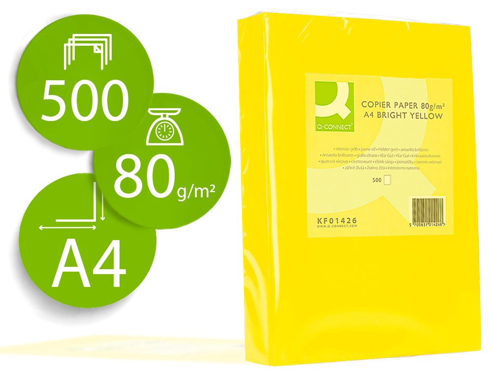 [72061] Papel color q-connect din a4 80gr amarillo intenso paquete de 500 hojas