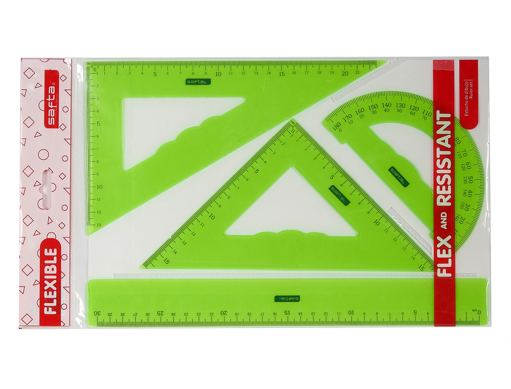 [226297] Juego escuadra cartabon regla safta flexible surtido de 3 colores