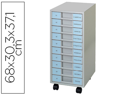[153896] Archivador metalico clen 10 bandejas plastico de 5,5 cm de altura con ruedas color gris claro 680x303x371 mm
