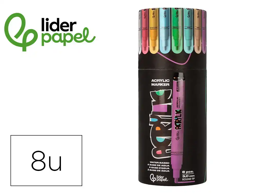 [171363] Rotulador liderpapel acrylic base agua todo tipo de superficie punta redonda 3mm caja de 8 unidades colores pastel