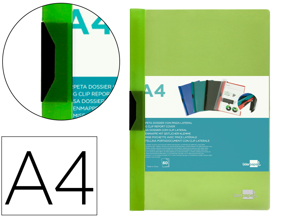 [11307] Carpeta liderpapel dossier pinza lateral polipropileno din a4 verde translucido 60 hojas pinza deslizante