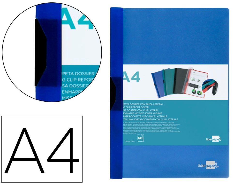 [11306] Carpeta liderpapel dossier pinza lateral polipropileno din a4 azul translucido 60 hojas pinza deslizante