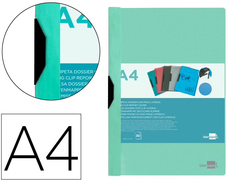 [11303] Carpeta liderpapel dossier pinza lateral polipropileno din a4 verde manzana opaco 30 hojas pinza deslizante