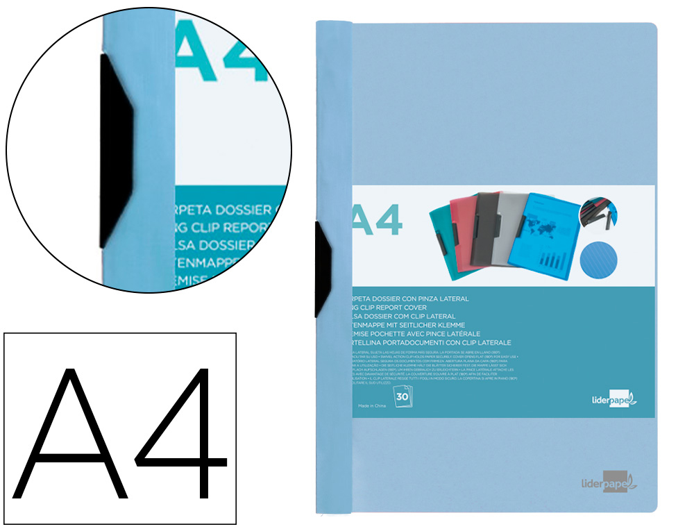 [11302] Carpeta liderpapel dossier pinza lateral polipropileno din a4 celeste opaco 30 hojas pinza deslizante