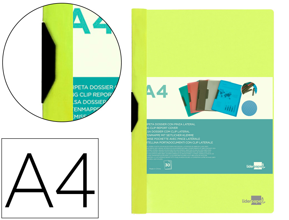 [11299] Carpeta liderpapel dossier pinza lateral polipropileno din a4 amarillo fluor opaco 30 hojas pinza deslizante