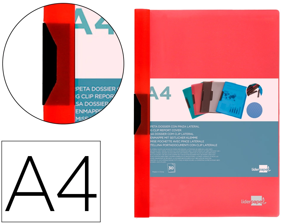 [11297] Carpeta liderpapel dossier pinza lateral polipropileno din a4 rojo translucido 30 hojas pinza deslizante