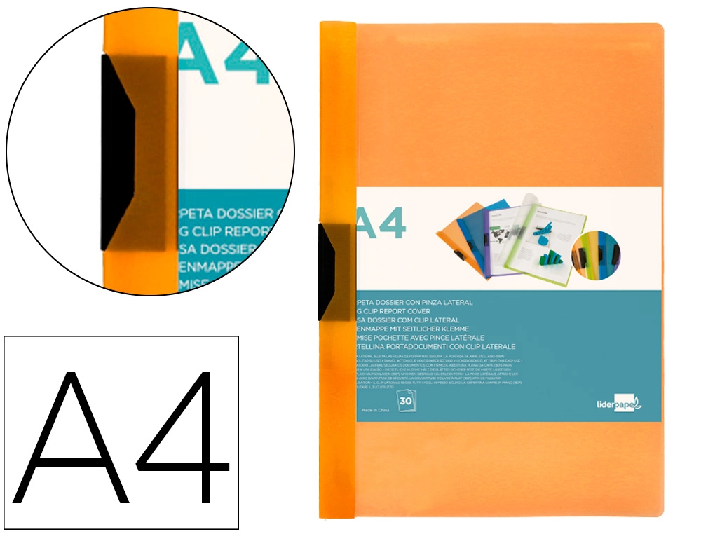 [29321] Carpeta liderpapel dossier pinza lateral 45301 polipropileno din a4 naranja 30 hojas pinza deslizante