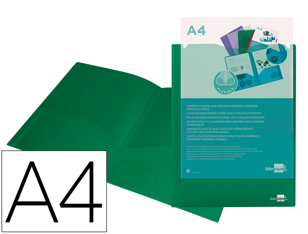 [27849] Carpeta liderpapel dossier dos bolsas canguro 45683 polipropileno din a4 verde