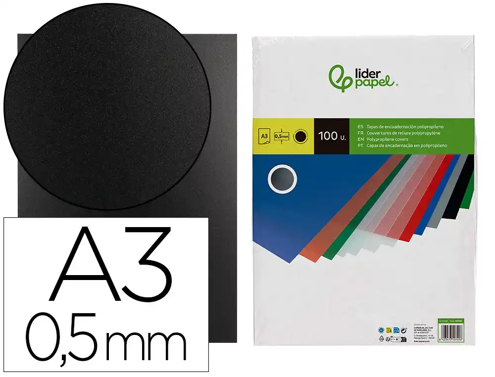 [10749] Tapa encuadernacion liderpapel polipropileno a3 0.5 mm negro opaco paquete de 100 unidades