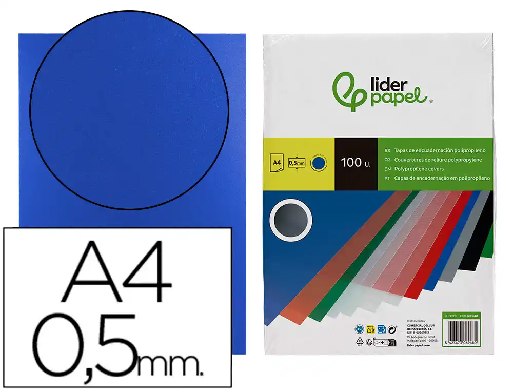 [6948] Tapa encuadernacion liderpapel polipropileno a4 0.5mm azul opaco paquete de 100 unidades