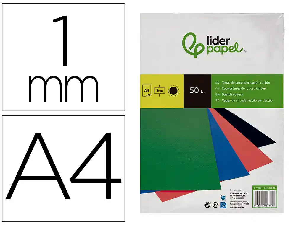 [64088] Tapa encuadernacion liderpapel carton a4 1mm negra paquete de 50 unidades