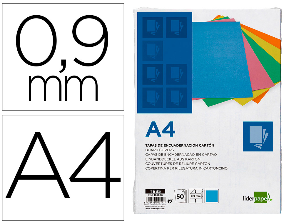 [166056] Tapa encuadernacion liderpapel carton a4 0,9mm azul fluor paquete de 50 unidades