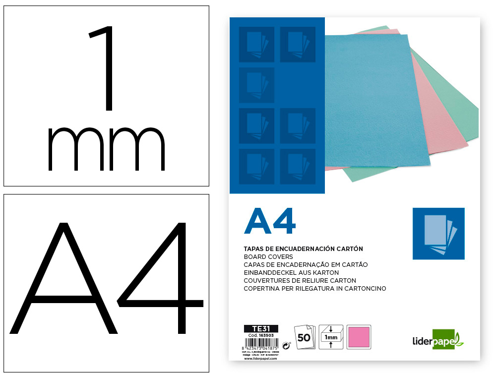 [163503] Tapa encuadernacion liderpapel carton a4 1 mm rosa paquete de 50 unidades