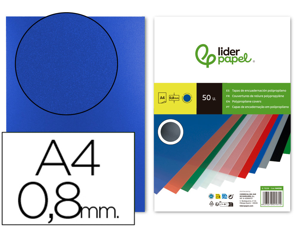 [64036] Tapa encuadernacion liderpapel polipropileno a4 0.8mm azul opaco paquete de 50 unidades