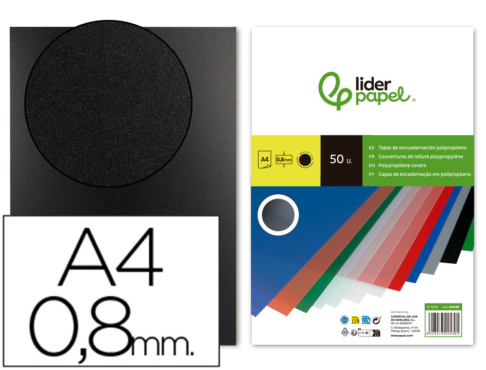 [64035] Tapa encuadernacion liderpapel polipropileno a4 0.8mm negro opaco paquete de 50 unidades