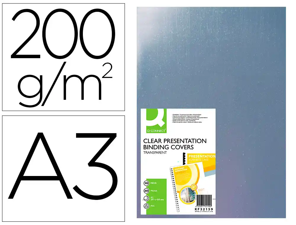 [63456] Tapa de encuadernacion q-connect pvc din a3 incolora 200 mc caja de 100 unidades