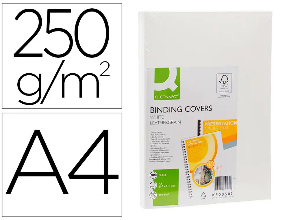 [63452] Tapa de encuadernacion q-connect carton din a4 blanco simil piel caja de 100 unidades