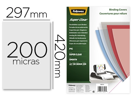 [155175] Tapa de encuadernacion fellowes din a3 pvc transparente cristal 200 micras pack de 100 unidades