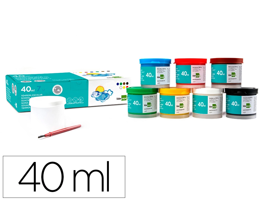 [62924] Tempera escolar liderpapel 40 ml caja 7 colores surtidos + pincel