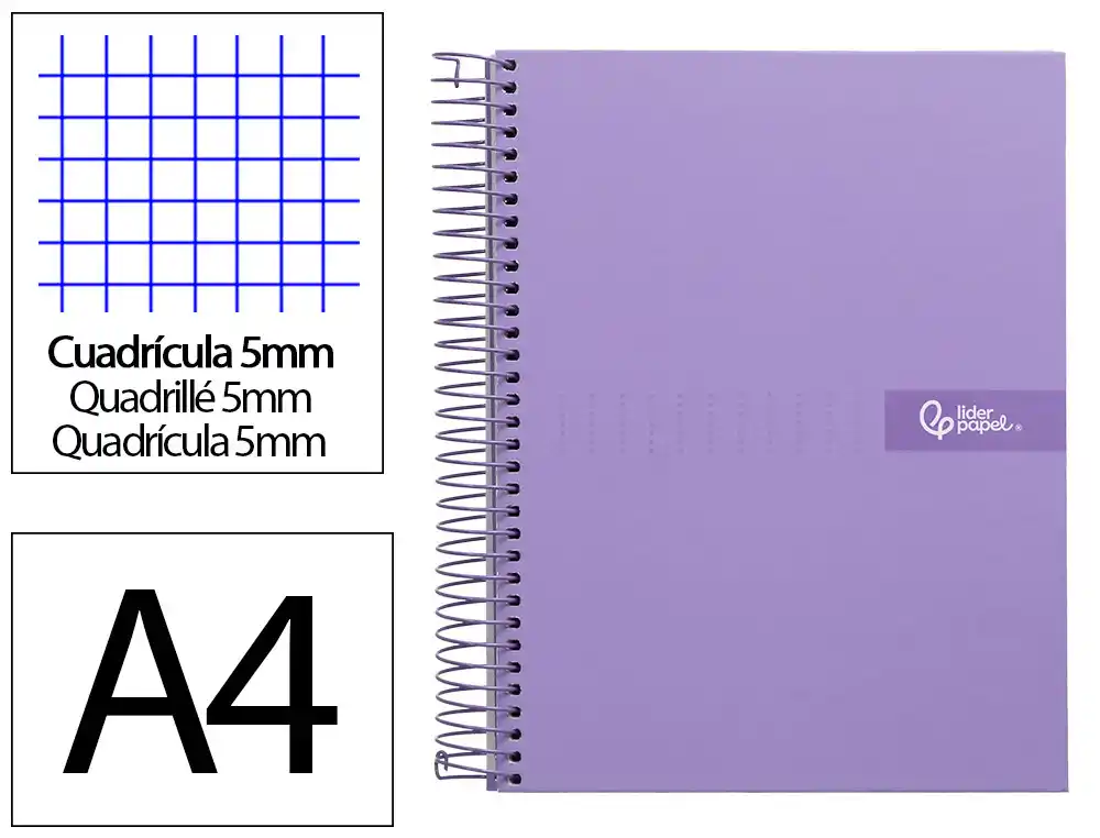 [9979] Cuaderno espiral liderpapel a4 micro crafty tapa forrada 120h 90gr cuadro 5mm 5 bandas 4 taladros color violeta