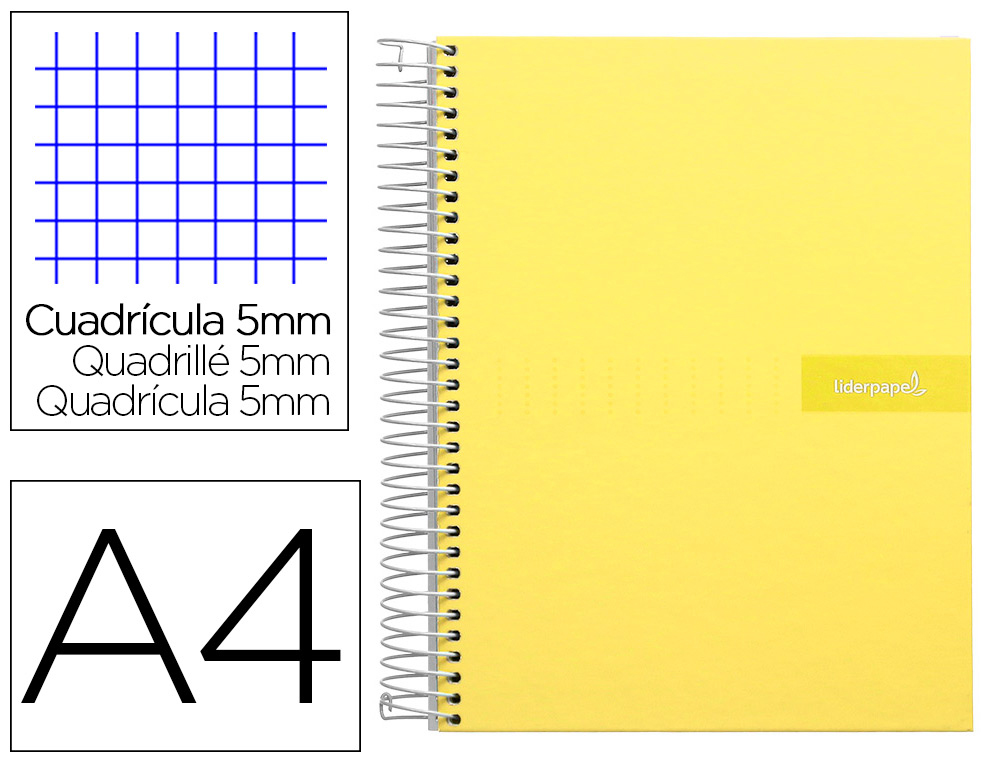 [9976] Cuaderno espiral liderpapel a4 micro crafty tapa forrada 120h 90gr cuadro 5mm 5 bandas 4 taladros color amarillo