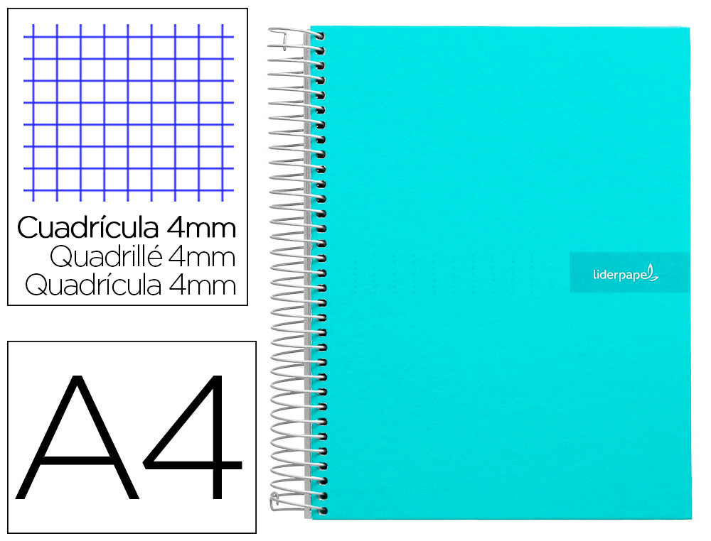 [9941] Cuaderno espiral liderpapel a4 crafty tapa forrada 80h 90 gr cuadro 4mm con margen color turquesa