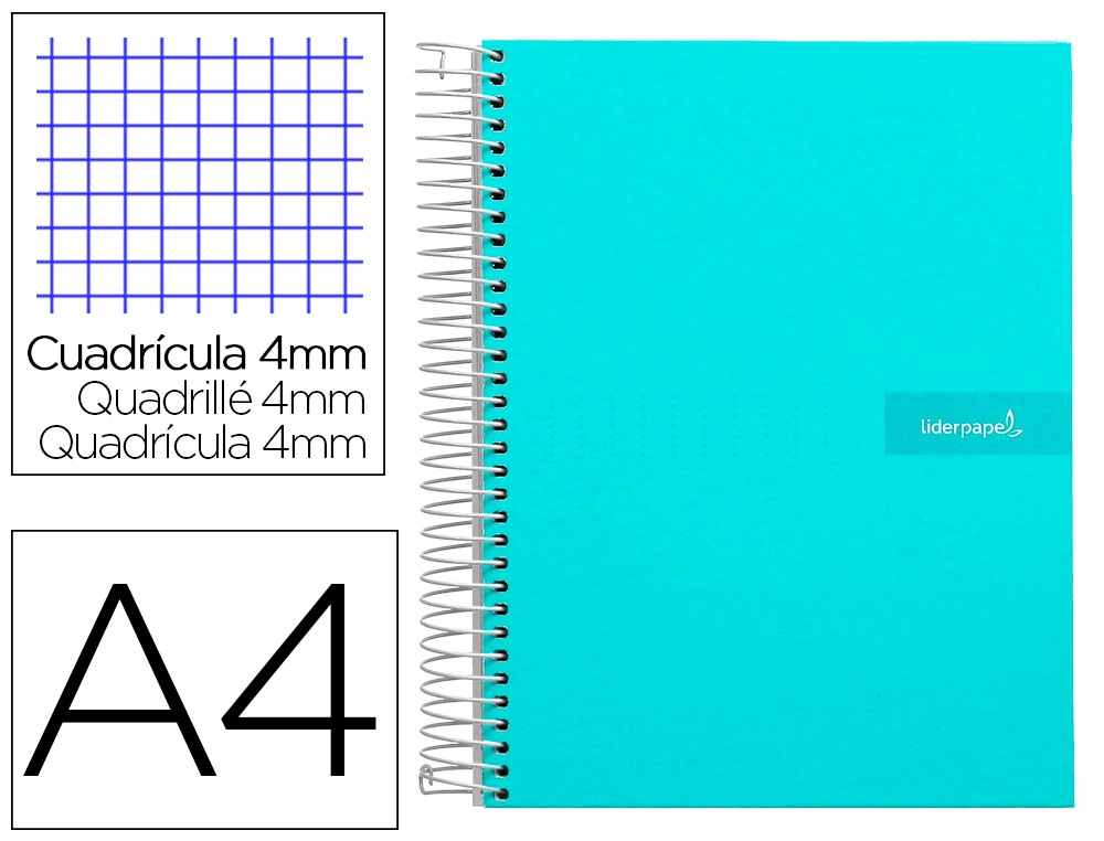 [9941] Cuaderno espiral liderpapel a4 crafty tapa forrada 80h 90gr cuadro 4mm con margen color turquesa