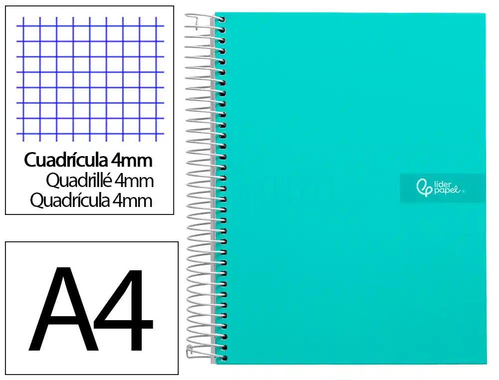 Cuaderno espiral liderpapel a4 crafty tapa forrada 80h 90gr cuadro 4mm con margen color turquesa