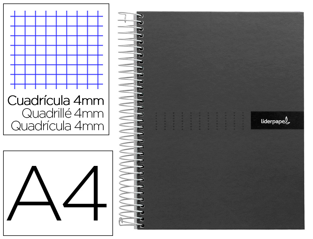 [9930] Cuaderno espiral liderpapel a4 crafty tapa forrada 80h 90 gr cuadro 4mm con margen color negro