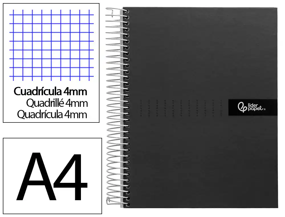 Cuaderno espiral liderpapel a4 crafty tapa forrada 80h 90gr cuadro 4mm con margen color negro