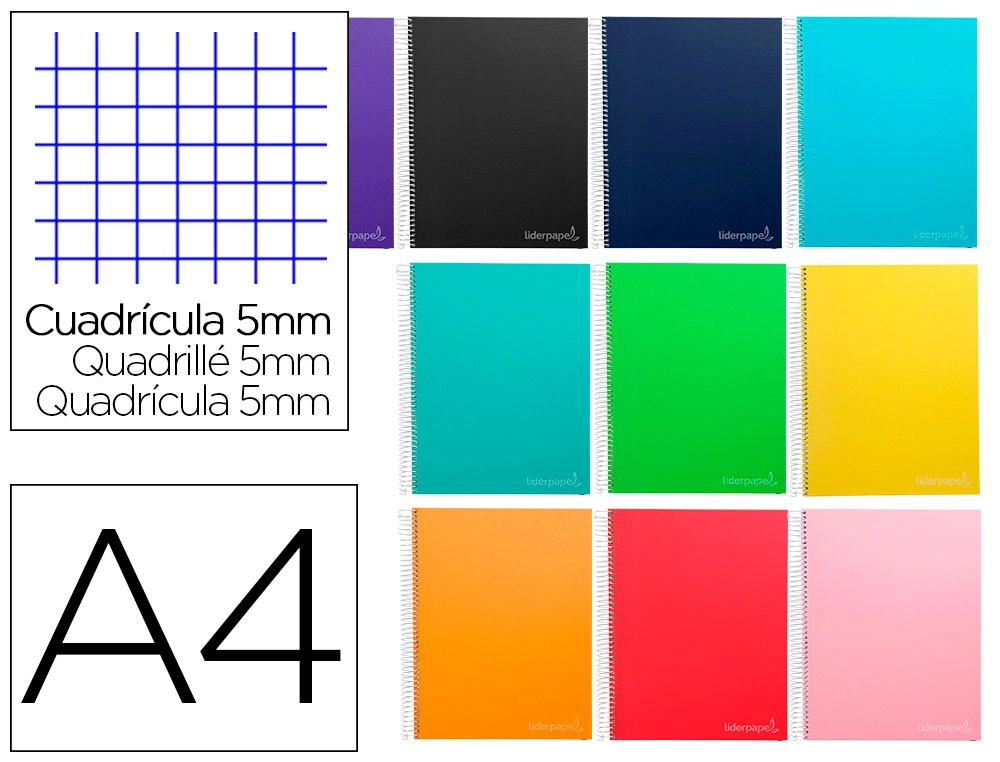 [9754] Cuaderno espiral liderpapel a4 micro jolly tapa forrada 140h 75gr cuadro 5mm 5 bandas 4 taladros colores surtidos