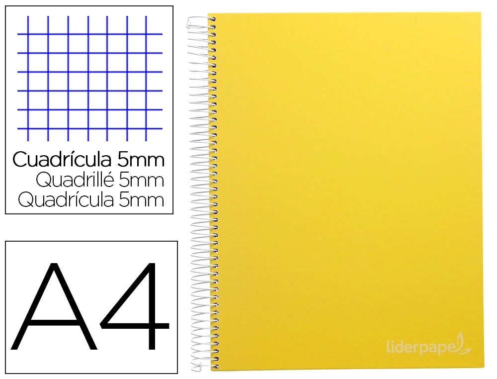 [9750] Cuaderno espiral liderpapel a4 micro jolly tapa forrada 140h 75gr cuadro 5mm 5 bandas 4 taladros color amarillo