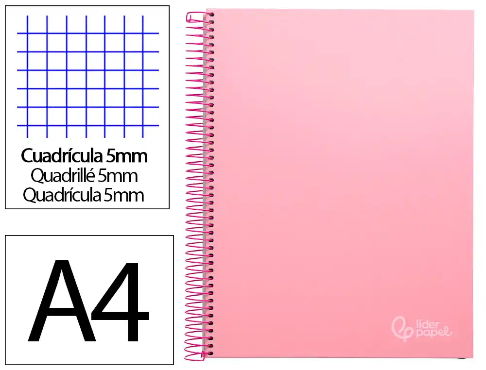 [9749] Cuaderno espiral liderpapel a4 micro jolly tapa forrada 140h 75gr cuadro 5mm 5 bandas 4 taladros color rosa