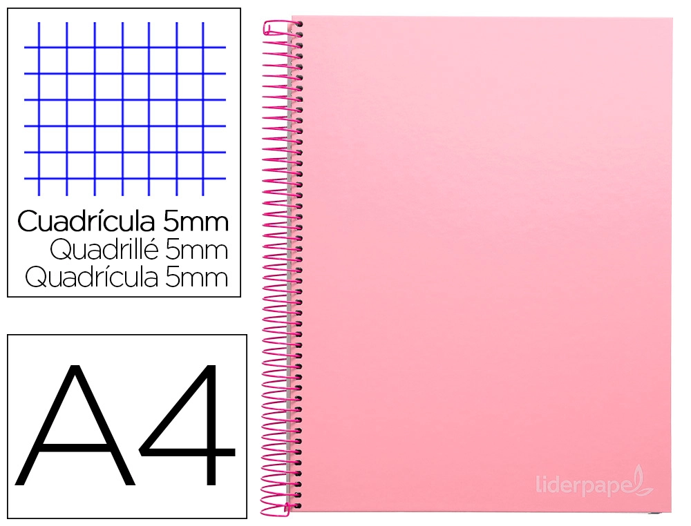 [9749] Cuaderno espiral liderpapel a4 micro jolly tapa forrada 140h 75gr cuadro 5mm 5 bandas 4 taladros color rosa