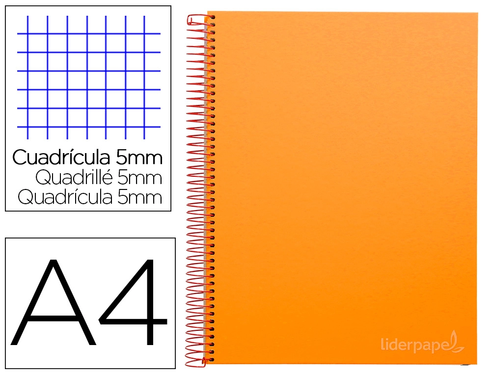 [9748] Cuaderno espiral liderpapel a4 micro jolly tapa forrada 140h 75gr cuadro 5mm 5 bandas 4 taladros color naranja