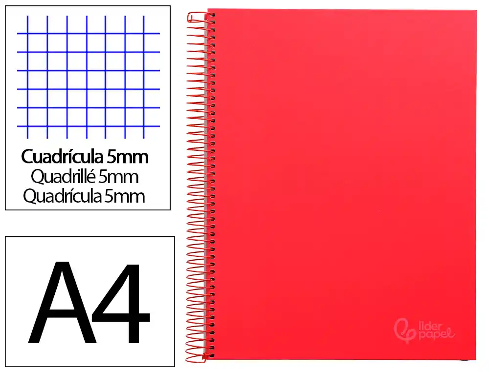 [9747] Cuaderno espiral liderpapel a4 micro jolly tapa forrada 140h 75gr cuadro 5mm 5 bandas 4 taladros color rojo
