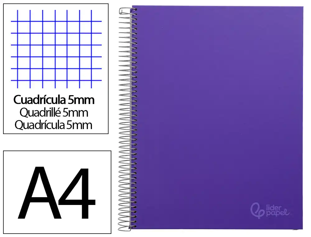 [9731] Cuaderno espiral liderpapel a4 micro jolly tapa forrada 140h 75gr cuadro 5mm 5 bandas 4 taladros color lila