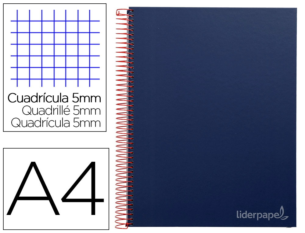 [9651] Cuaderno espiral liderpapel a4 micro jolly tapa forrada 140h 75gr cuadro 5mm 5 bandas 4 taladros color azul