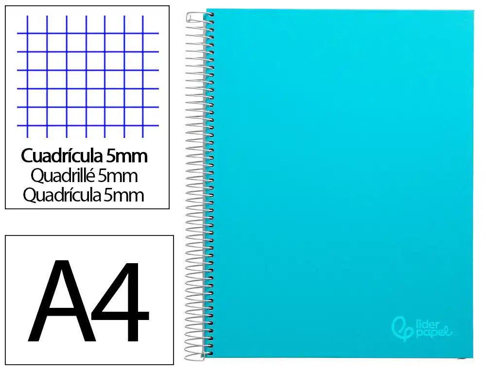 [9650] Cuaderno espiral liderpapel a4 micro jolly tapa forrada 140h 75gr cuadro 5mm 5 bandas 4 taladros color celeste