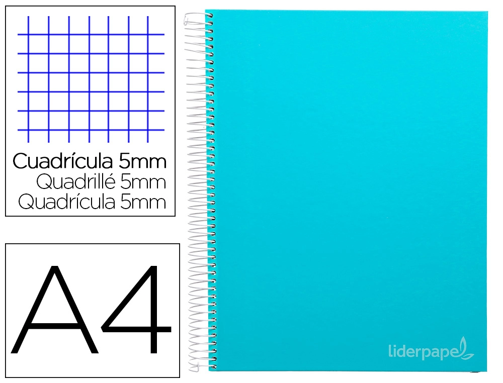 [9650] Cuaderno espiral liderpapel a4 micro jolly tapa forrada 140h 75gr cuadro 5mm 5 bandas 4 taladros color celeste